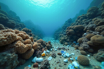 Fototapeta premium Underwater coral reef landscape littered with plastic waste, showcasing environmental pollution crisis on World Water Day.