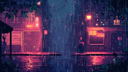 Fototapeta premium Rainy Night Cityscape Pixel Art Digital Illustration