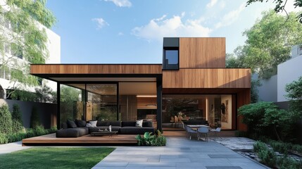 Obraz premium Modern wooden house with glass facade and spacious outdoor patio surrounded by greenery