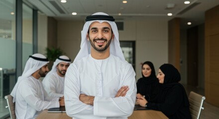 Emirati businessman standing confidently in office, smiling while collaborating with business people in modern office environment.