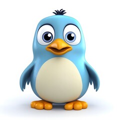 Fototapeta premium Cute baby blue bird cartoon, standing, white background, children's book illustration