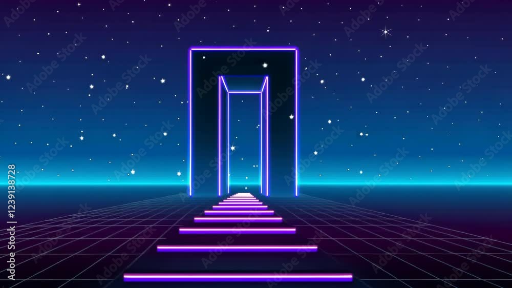 Poster neon 80s styled massive gate in retro game landscape with shiny road to the future