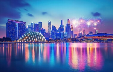 Fototapeta premium Spectacular Night Skyline of Singapore with Colorful Fireworks Reflected in Water and Lush Garden Underneath Brilliant City Lights