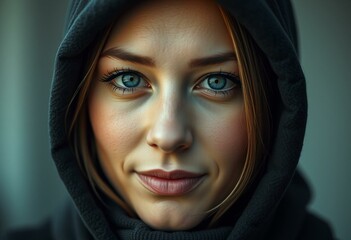 Naklejka premium Female portrait with hood and blurred background