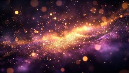 Fototapeta premium Stunning Abstract Background of Cosmic Dust and Glittering Particles with Rich Purple, Gold, and Orange Hues Generating a Magical Atmosphere