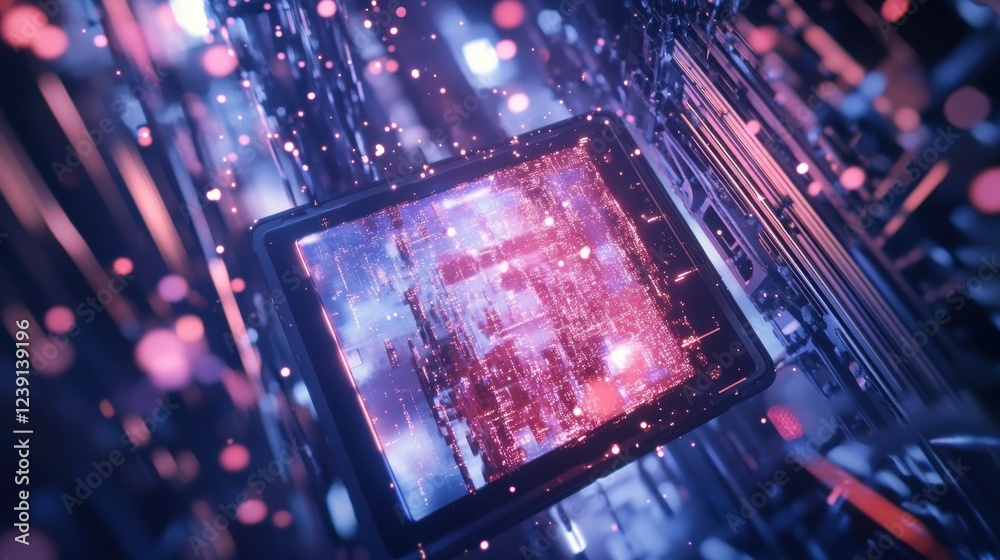 Poster complex quantum computing processor managing and processing data flow. illuminated by pink and purpl