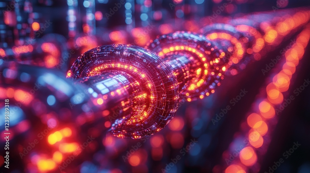 Poster futuristic abstract visualization of interconnected glowing nodes and circuits in a digital environm