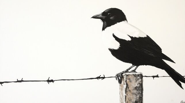 Black and white bird perched on barbed wire fence post, minimalist art, nature illustration
