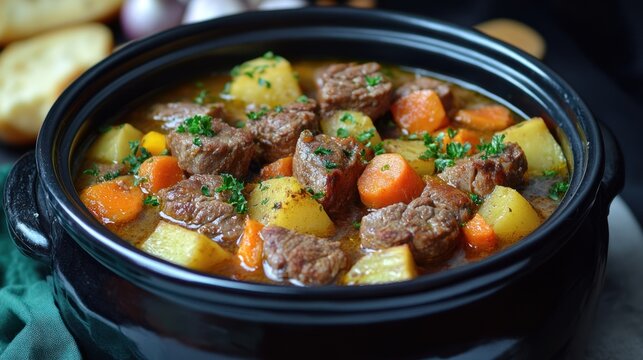 Hearty beef stew simmering with potatoes and carrots in a rich broth ready for dinner. Generative AI