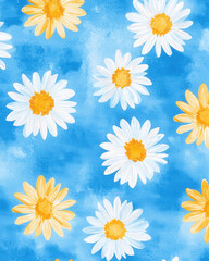 Bright floral pattern with daisies on blue background, evoking joy