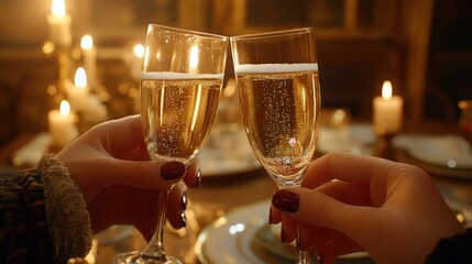 Cheers to friendship and celebration at a candlelit dinner party with sparkling drinks. Generative AI