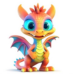 Obraz premium Cute baby dragon cartoon, white background, playful pose, children's book illustration