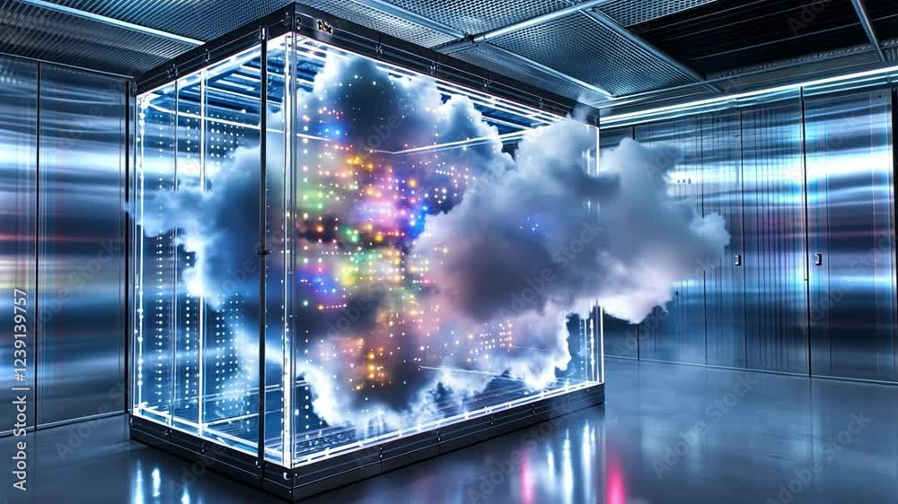 Poster visual representation of artificial intelligence with vibrant cloud of data in high-tech environment