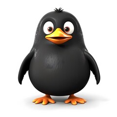 Cute black penguin, 3D render, white background, mascot, children's book