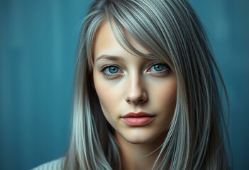 Fototapeta premium Young female with gray hair, calm expression, soft blue background