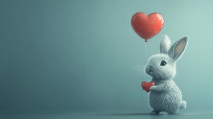 Fototapeta premium Adorable Fluffy Rabbit Holding a Heart with a Red Heart Balloon