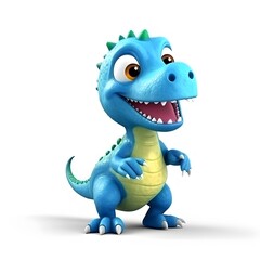 Fototapeta premium Cute blue cartoon dinosaur posing, white background, children's book illustration