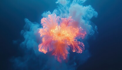 Stunning Abstract Image of a Vibrant Jellyfish Illuminating in the Dark Waters Surrounded by Mystical Blue Smoke and Bubbles for Stock Photography