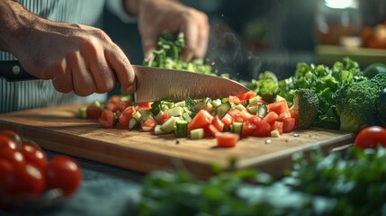 Chef prepares fresh vegetables on a wooden cutting board in a cozy kitchen at dusk. Generative AI