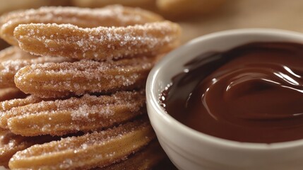 Delicious churros coated in sugar served with a rich chocolate dipping sauce. Generative AI