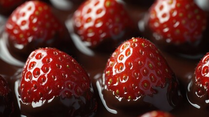 Fresh strawberries dipped in rich chocolate arranged beautifully on a dark background. Generative AI