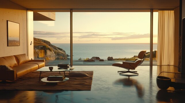 Fototapeta Stunning sunset over the ocean seen from a modern home's living room