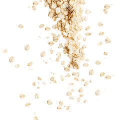 Falling uncooked oat flakes with their natural texture, capturing the essence of a wholesome breakfast or ingredient, isolated on transparent background, PNG, cut out