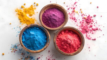 A top-down flat lay photograph of three round, rustic clay bowls filled with brightly colored Holi powder.