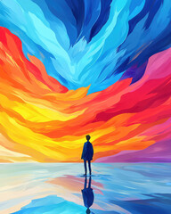 person stands in awe before vibrant, colorful sky reflecting in water, evoking wonder