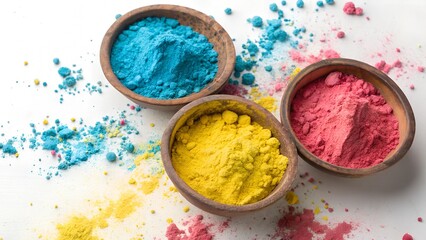 A top-down flat lay photograph of three round, rustic clay bowls filled with brightly colored Holi powder.