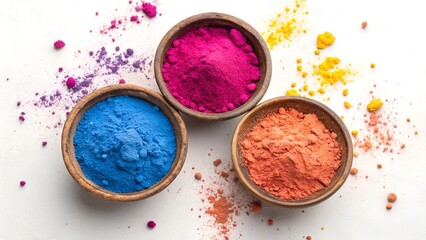 A top-down flat lay photograph of three round, rustic clay bowls filled with brightly colored Holi powder.