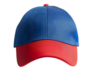 Baseball cap with a blue crown and a red brim isolated on transparent background, PNG, cut out, showcasing a popular headwear item