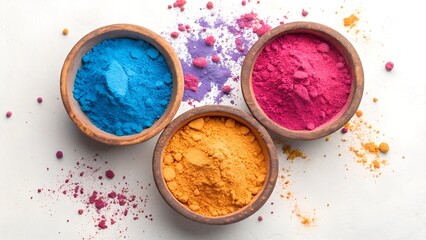 A top-down flat lay photograph of three round, rustic clay bowls filled with brightly colored Holi powder.