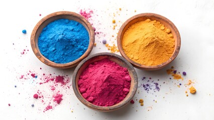 A top-down flat lay photograph of three round, rustic clay bowls filled with brightly colored Holi powder.
