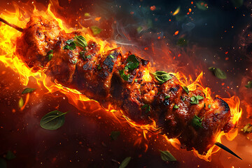 Savory Skewers: Grilled Meat on Flames, Infused with Spices and Herbs for a Mouthwatering Barbecue Feast, Featuring Smoky, Charred Flavor and Vibrant Presentation for Outdoor Enjoyment