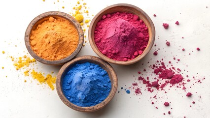 A top-down flat lay photograph of three round, rustic clay bowls filled with brightly colored Holi powder.