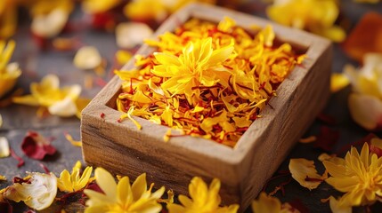 Bright yellow saffron threads and petals in wooden bowl on dark wooden table with scattered flower petals. Generative AI