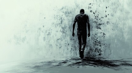 Fototapeta premium Lonely figure walking away from a faded wall under soft ambient light in a desolate space. Generative AI