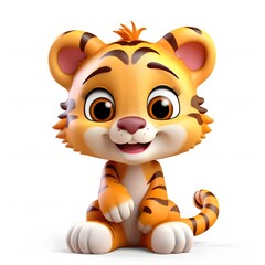 Cute cartoon tiger cub sitting, isolated white background, digital illustration, children's book