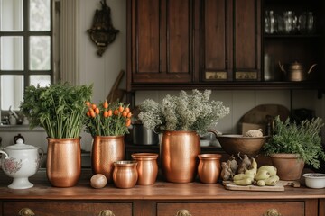 Fototapeta premium Vibrant display of carrot Easter decoration ideas featuring fresh carrots and various herbs in copper pots against a rustic kitchen backdrop. Concept explores carrot Easter decoration ideas.