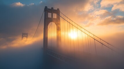 Golden sunlight pierces through fog at a bridge during a cloudy evening in a serene atmosphere. Generative AI