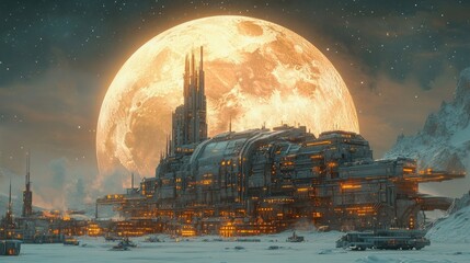 A futuristic space station sits on a barren moon,