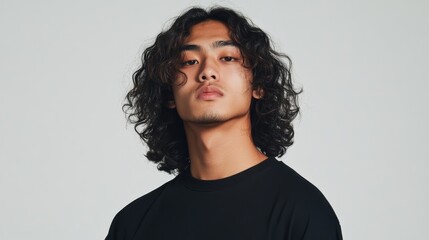 Obraz premium Young Man with Curly Hair Wearing a Black Shirt