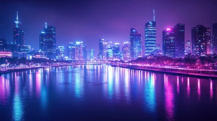 Fototapeta premium Neon Cityscape Reflecting In Calm Water At Night