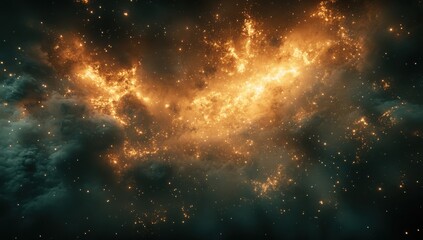 Obraz premium Stunning cosmic nebula filled with glowing golden stars amidst dark clouds, showcasing the vast beauty of the universe in spectacular detail