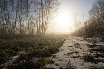 Feld zur Schneeschmelze an Ende des Winters.