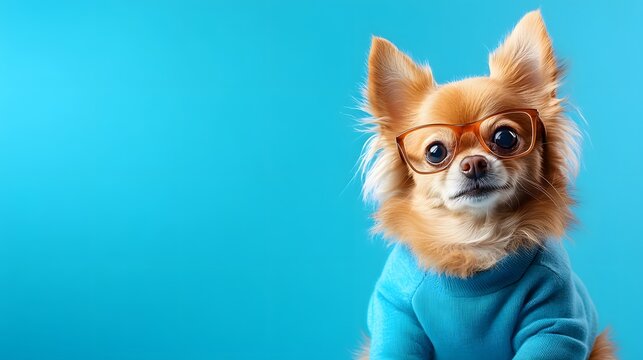 Cute Chihuahua wearing glasses and sweater poses against blue background (1)