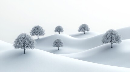 Fototapeta premium Snow-covered landscape with trees on gentle hills during winter time in a tranquil setting. Generative AI