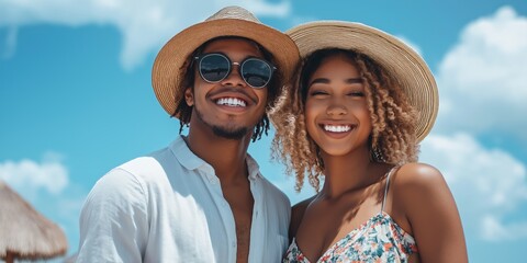 Fototapeta premium Experience a joyful summer vacation at the beach with friends, all under the beautiful sunny skies, filled with adventure and carefree moments by the coastline and the refreshing waves of the sea