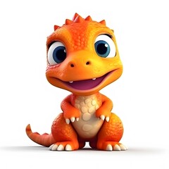 Cute orange baby dinosaur cartoon, sitting, white background, children's book illustration